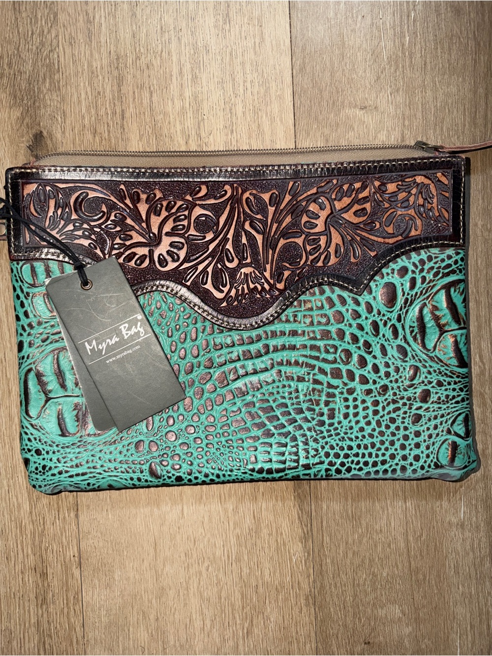 Myra Bag Turquoise and Brown Tooled Croc-Embossed Clutch